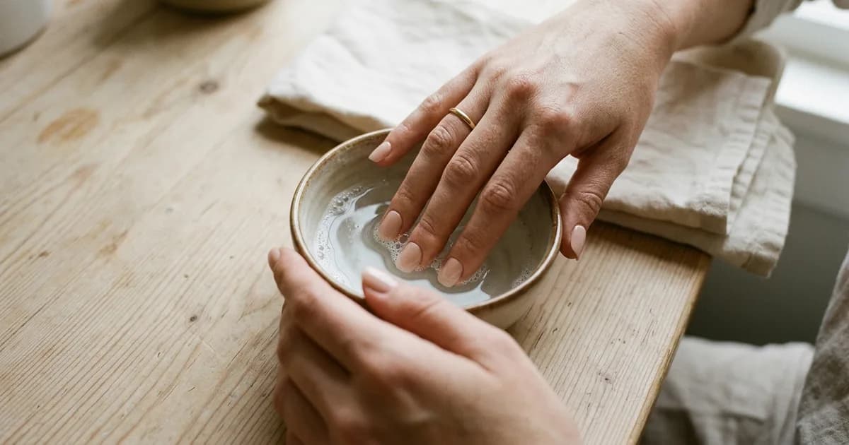 To hender over en liten keramikkbolle med såpevann på et lyst trebord, den ene hånden hviler fingertuppene med korte nude negler i vannet, med en tynn gullring på ringfingeren