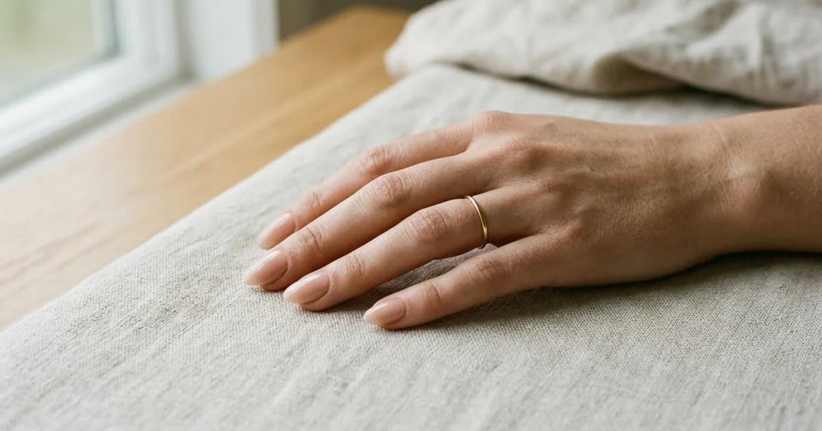 Hånd som hviler på et beige lintekstil ved et vindu i dagslys, med korte avrundede nude negler og en tynn gullring på ringfingeren