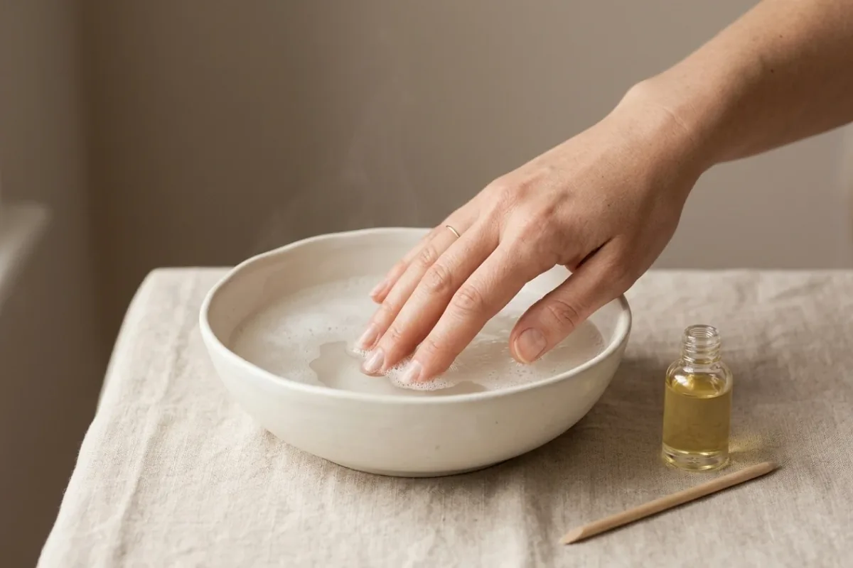 A hand resting in a bowl of warm soapy water, with cuticle oil and a wooden orange stick beside it