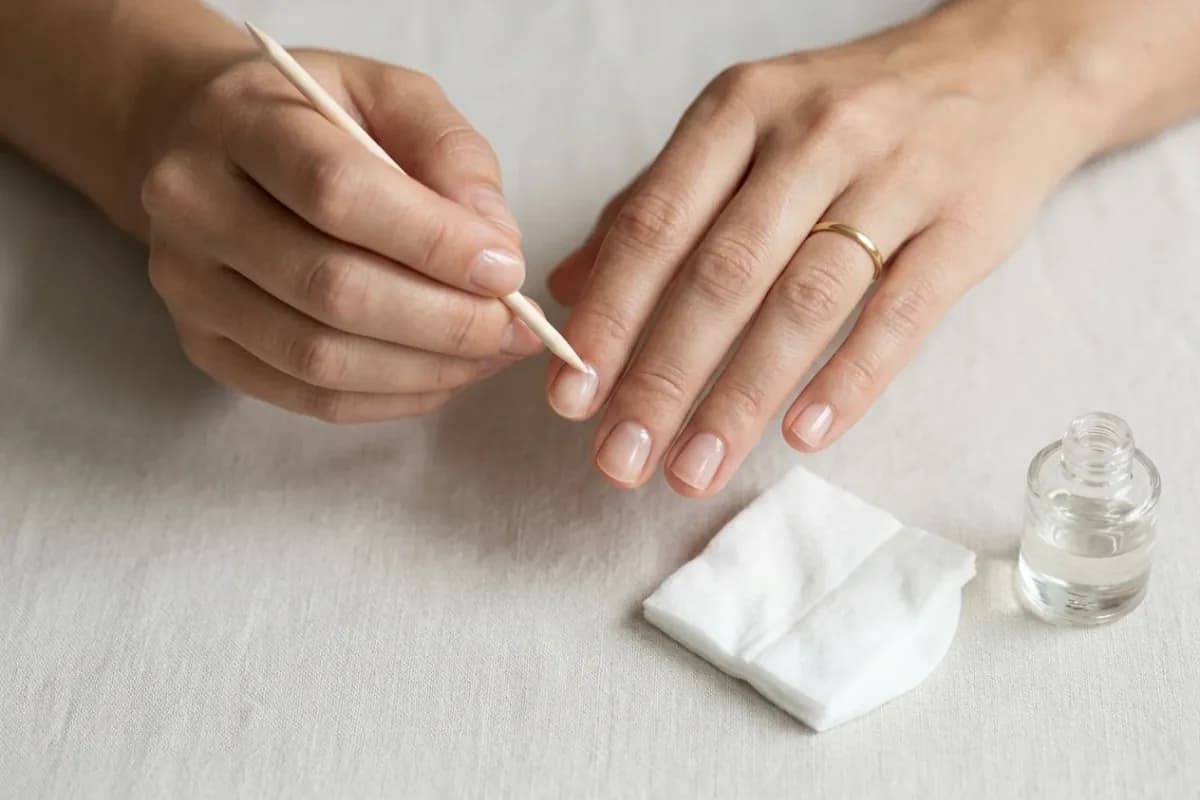 The cuticle on a bare, short natural nail being pushed back gently with a wooden orange stick, a cotton pad and alcohol beside it