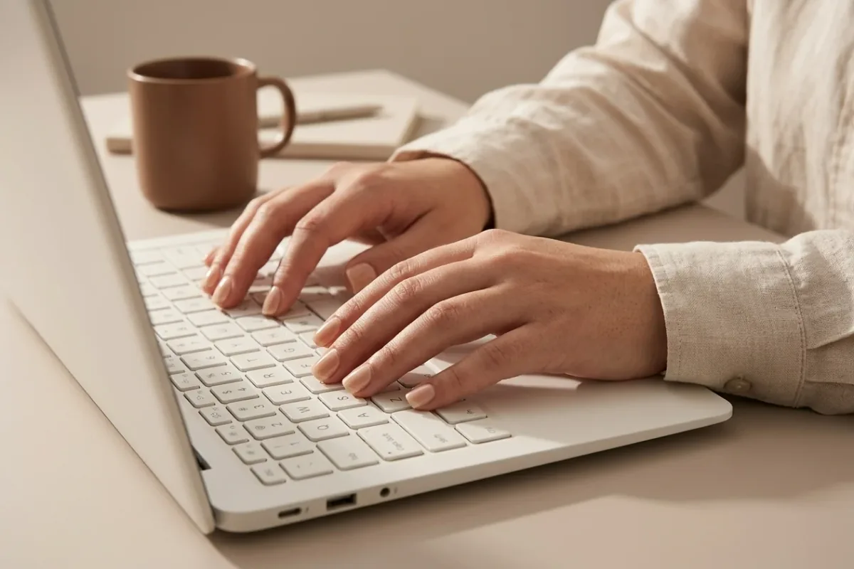 Hands with short nude press-on nails typing on a pale keyboard at a home desk