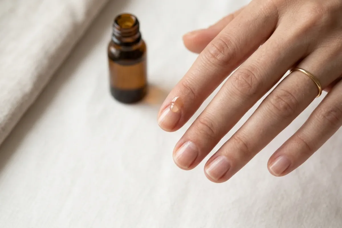 Bare, short natural nails with a natural sheen on white fabric, a drop of cuticle oil on one nail and a brown oil bottle behind