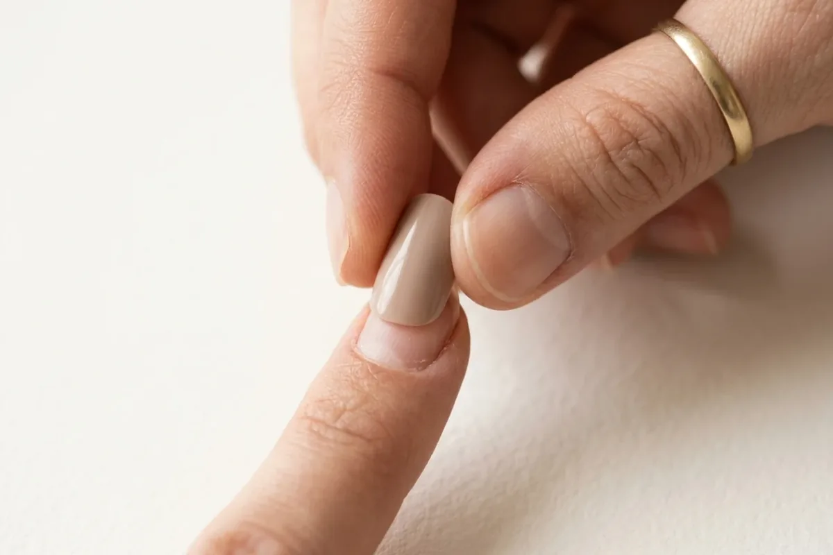 Close-up of a nude press-on nail being pressed down onto a prepared natural nail