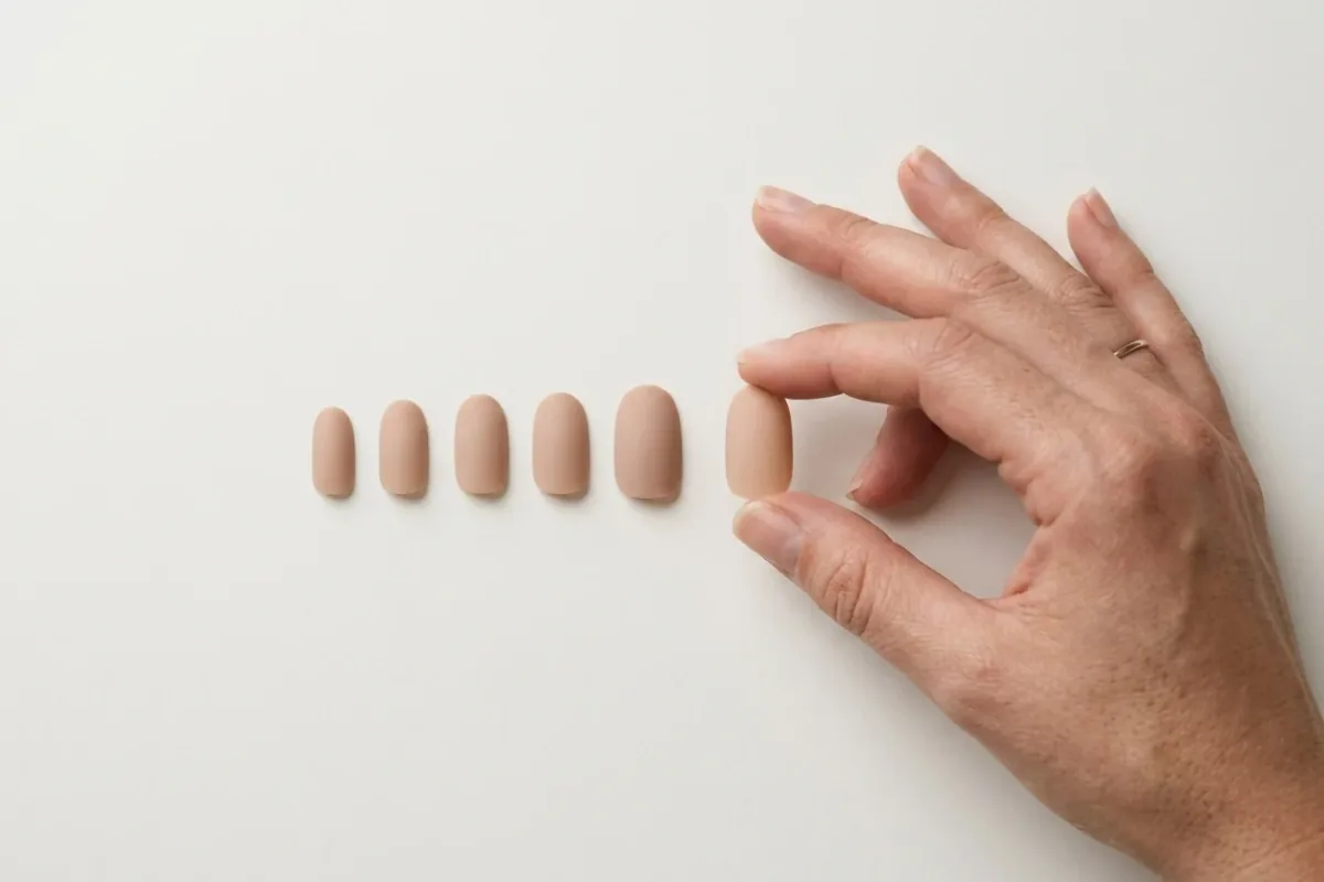 A row of loose nude press-on tips sorted by width on a pale surface, with a hand holding one tip between thumb and forefinger